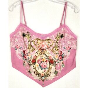 Current Mood Pink Baroque Floral Lace Cami XL Hanky Hem Y2K Cottagecore Fairy
